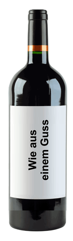 Weinflasche mit weissem Etikett "Wie aus einem Guss"